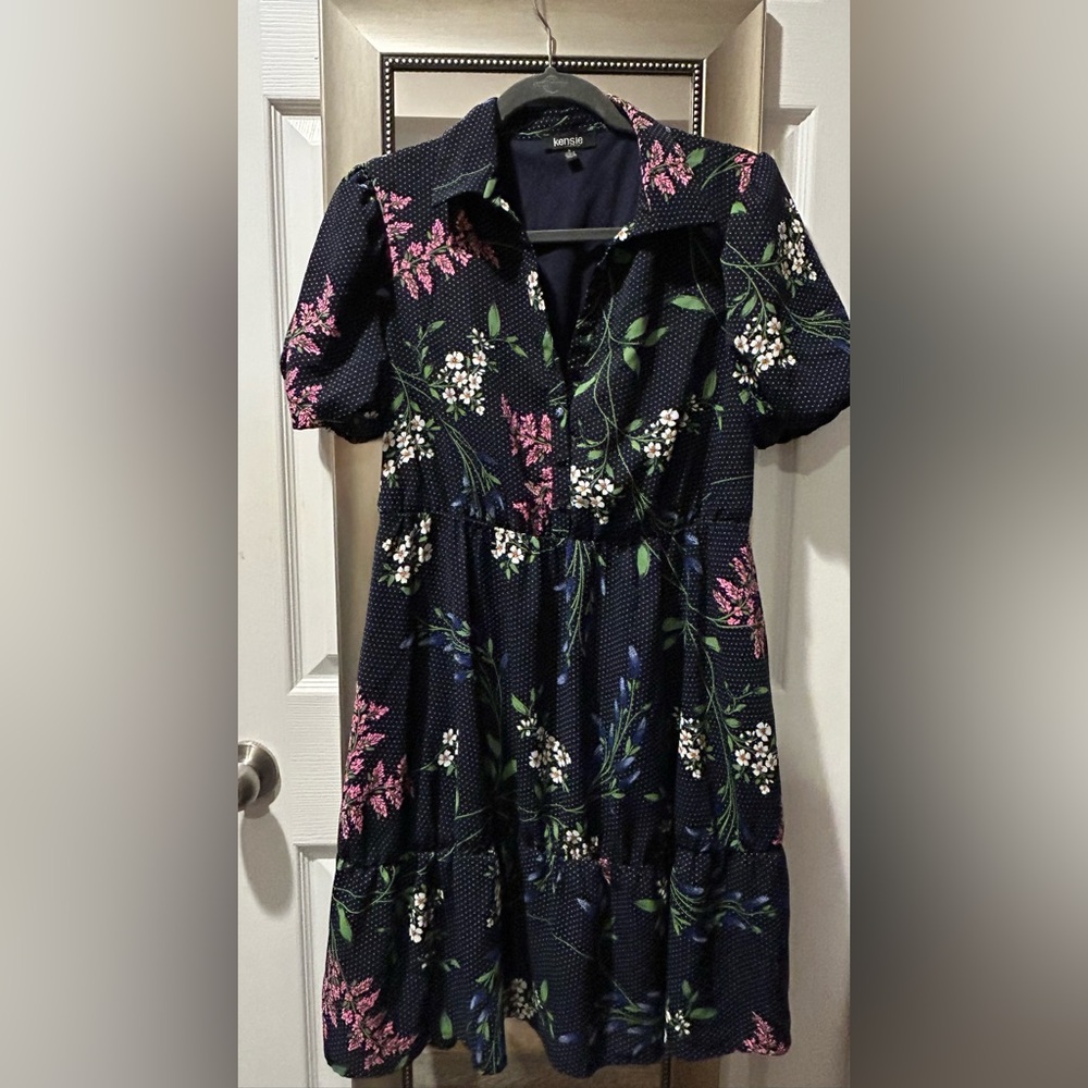 Kensie Dark Blue Midi Dress with Floral Accents